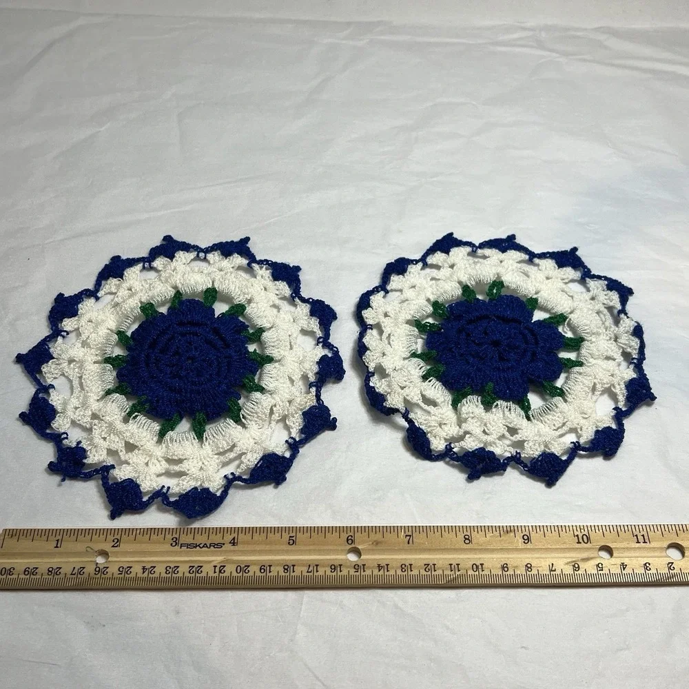 2 hand crochet matching‎ doilies white Blue Green Handmade Vintage Granny Chic